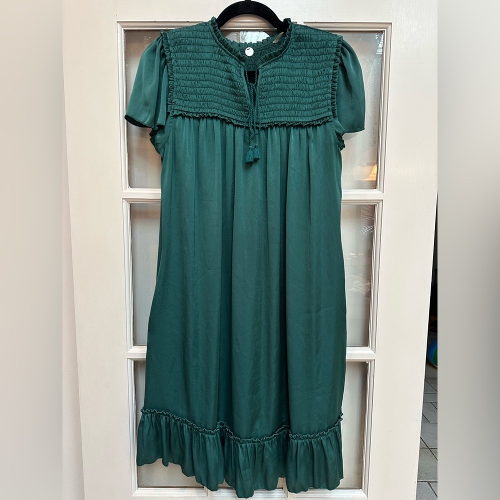 Margaret O' Leary Teal Smocked Yoke Dress Ruffle Hem Size Small S